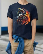 Extreme Dirt Bike Rider T-Shirt with Fire Trail Design - model wearing navy shirt, hands in pockets
