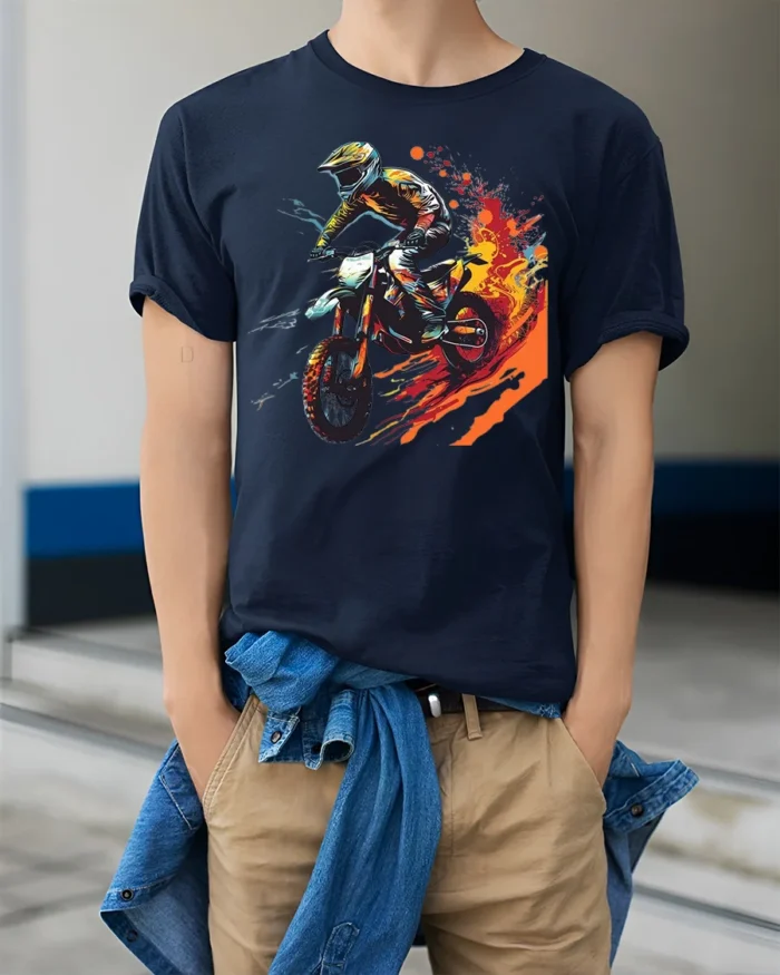 Extreme Dirt Bike Rider T-Shirt with Fire Trail Design - model wearing navy shirt, hands in pockets