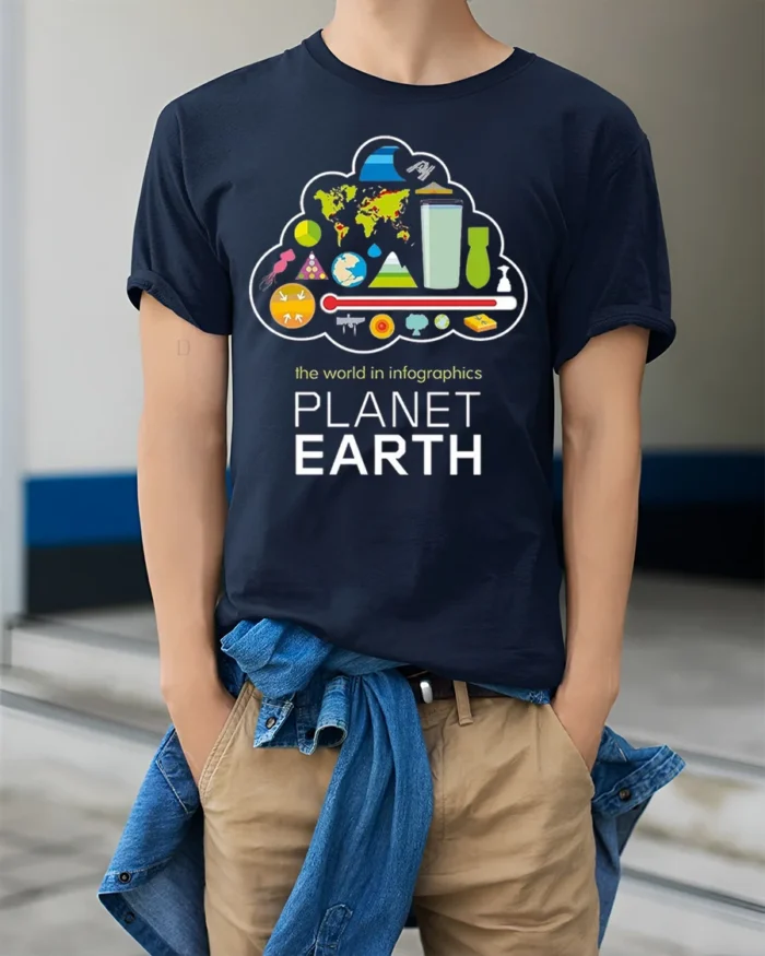 Planet Earth Infographics T-Shirt for Science Lovers - model wearing navy shirt, hands in pockets