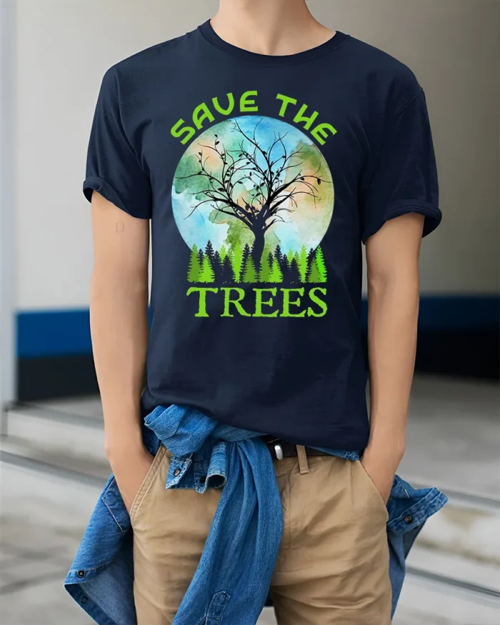 Save The Trees Eco Awareness T-Shirt for Nature Lovers - model wearing navy shirt, hands in pockets