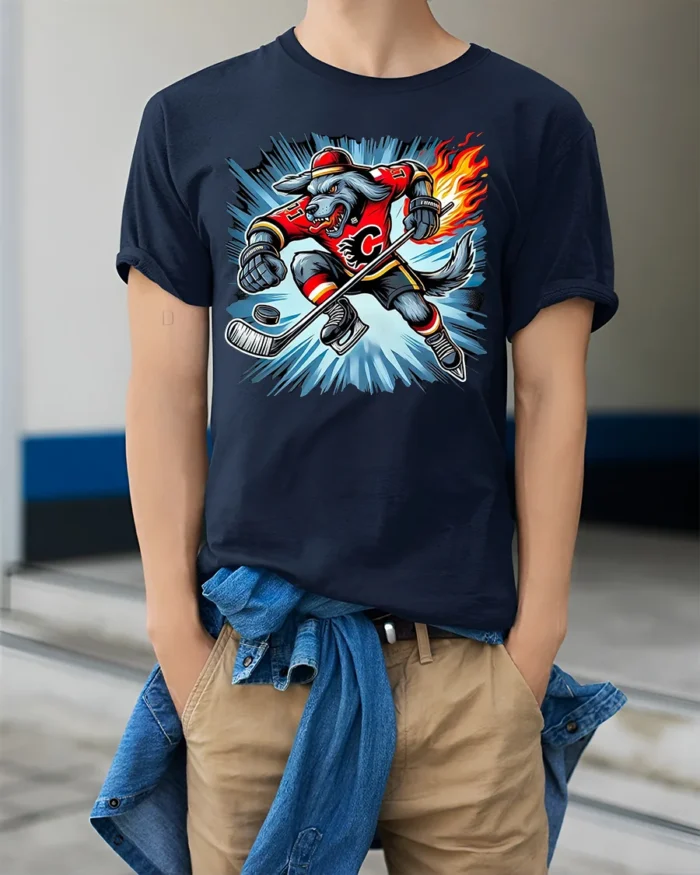 Fire Hockey Wolf T-Shirt Fierce Sports Mascot Tee - model wearing navy shirt, hands in pockets