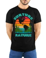 Nurture Nature Eco Graphic T-Shirt for Nature Lovers - model wearing black shirt, hands behind back