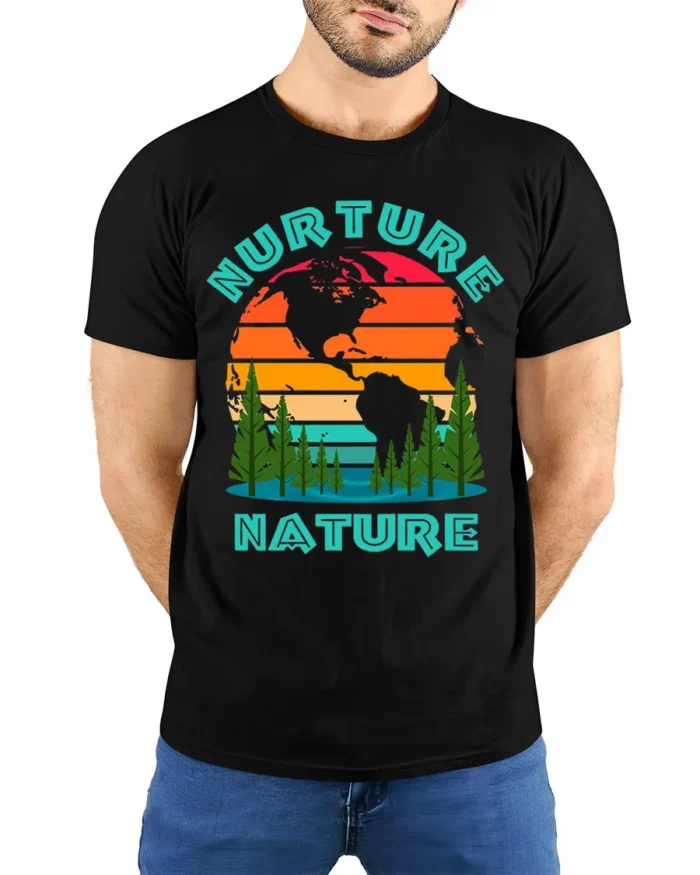 Nurture Nature Eco Graphic T-Shirt for Nature Lovers - model wearing black shirt, hands behind back