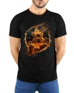 Bitcoin Fire Logo Crypto T-Shirt for Blockchain Lovers - model wearing black shirt, hands behind back