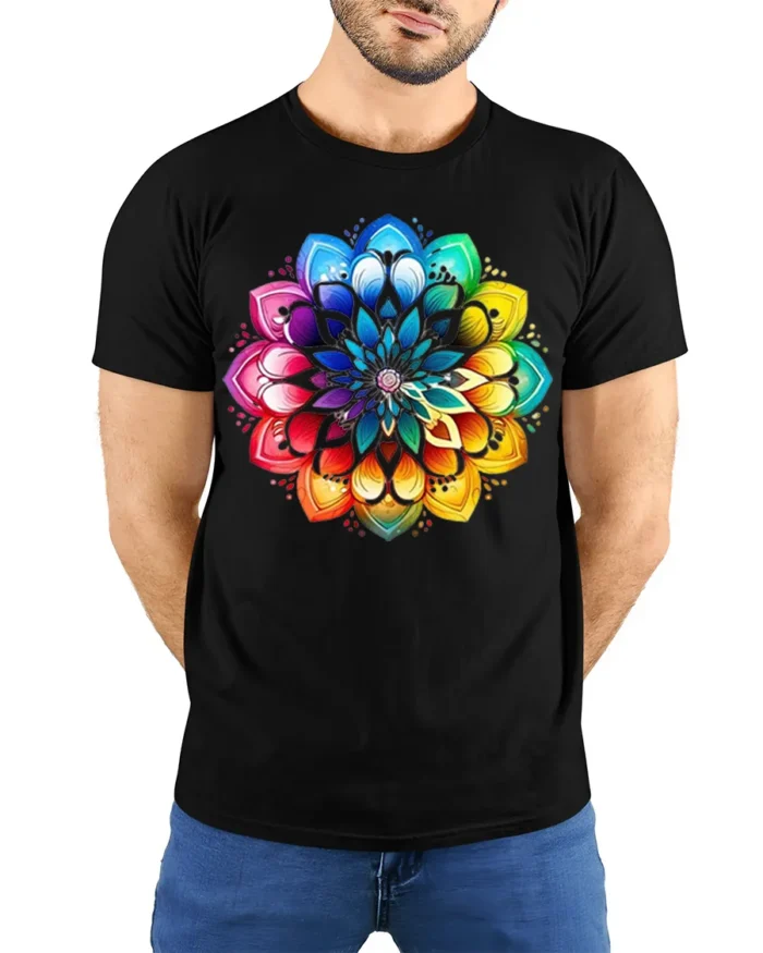 Vibrant Mandala Rainbow Lotus Graphic T-Shirt - model wearing black shirt, hands behind back