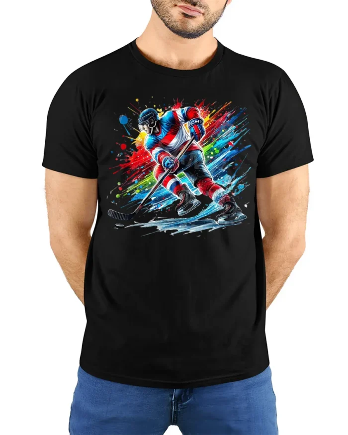 Ice Hockey Splash Art T-Shirt Cool Sports Cotton Tee - model wearing black shirt, hands behind back