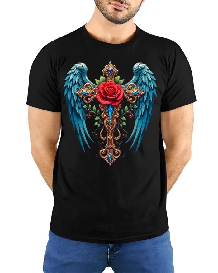 Gothic Rose Cross T-Shirt with Wings Spiritual Tee - model wearing black shirt, hands behind back