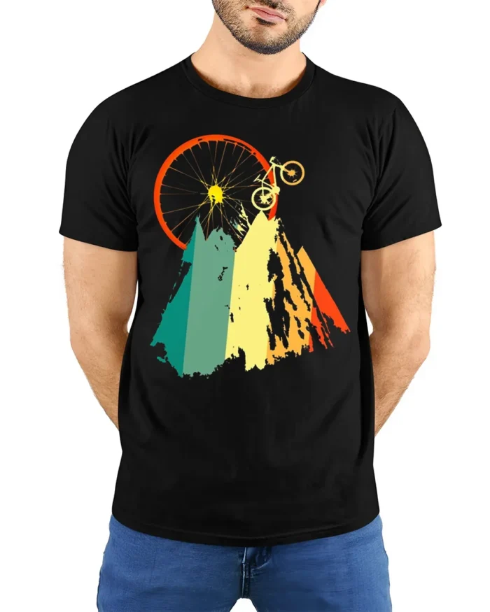 Mountain Biking Adventure Graphic T-Shirt - model wearing black shirt, hands behind back