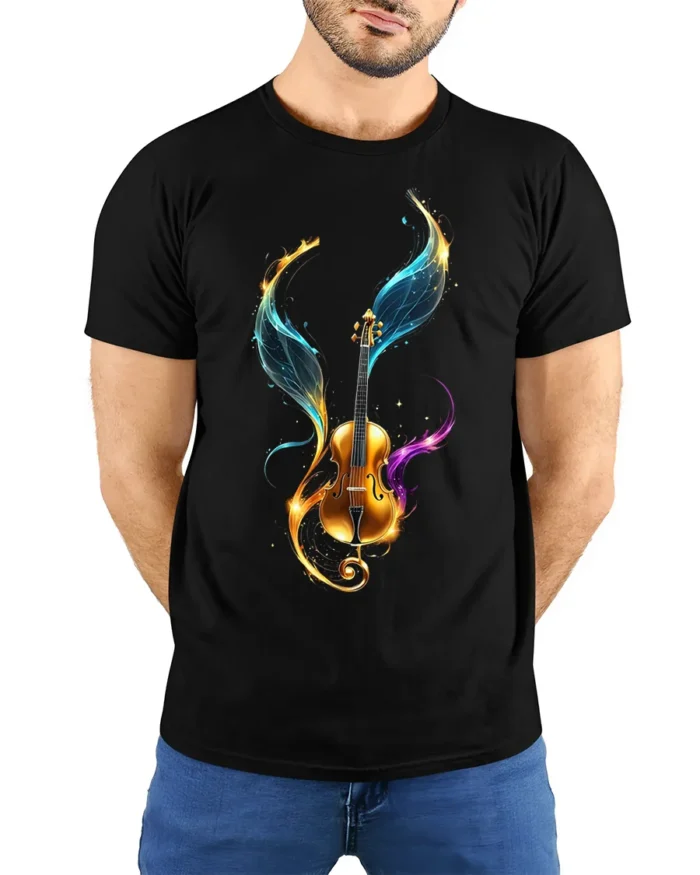 Violin with Colorful Wings T-Shirt Music Lovers - model wearing black shirt, hands behind back