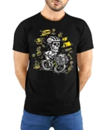 Skull Biker Camping T-Shirt Adventure Cycling - model wearing black shirt, hands behind back