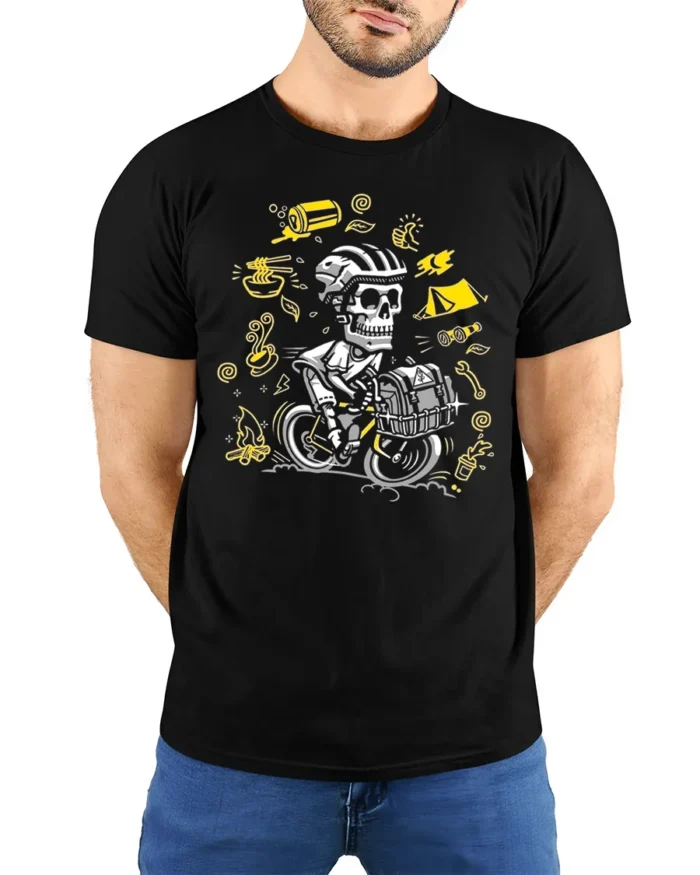 Skull Biker Camping T-Shirt Adventure Cycling - model wearing black shirt, hands behind back