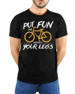 Funny Bicycle Rider Graphic T-Shirt Put Fun Between Legs - model wearing black shirt, hands behind back
