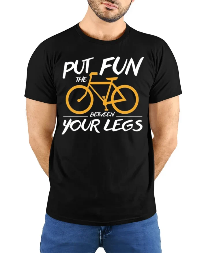 Funny Bicycle Rider Graphic T-Shirt Put Fun Between Legs - model wearing black shirt, hands behind back