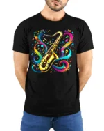 Colorful Saxophone Music T-Shirt Artistic Jazz - model wearing black shirt, hands behind back
