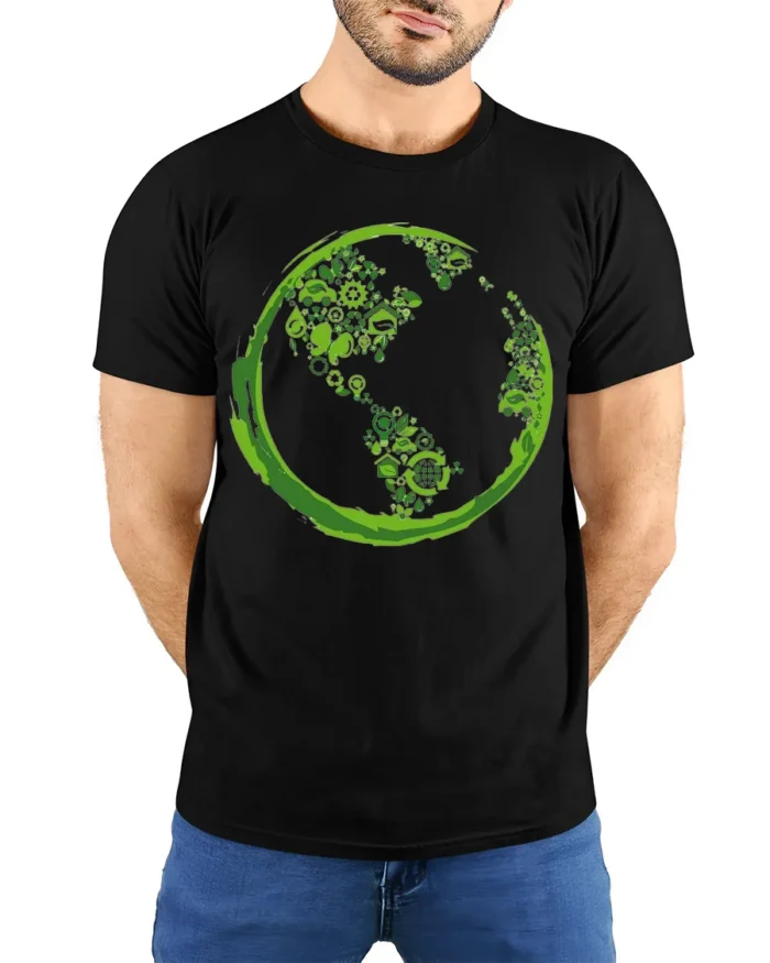 Eco Earth Green Energy Symbols T-Shirt for Nature Lovers - model wearing black shirt, hands behind back
