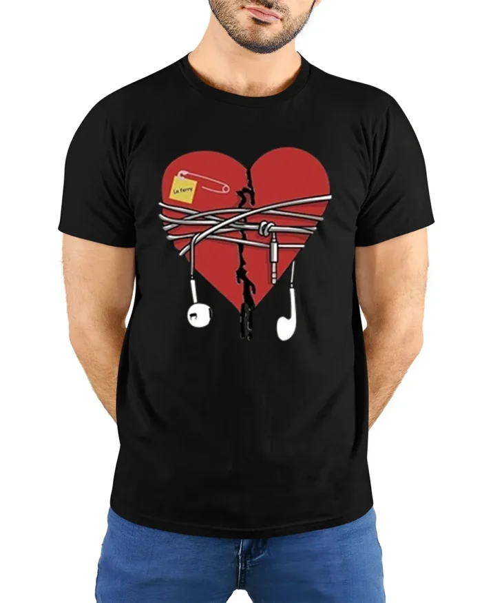 Broken Heart Music T-Shirt with Earphones and Notes - model wearing black shirt, hands behind back