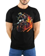 Extreme Dirt Bike Rider T-Shirt with Fire Trail Design - model wearing black shirt, hands behind back