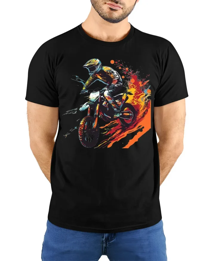Extreme Dirt Bike Rider T-Shirt with Fire Trail Design - model wearing black shirt, hands behind back