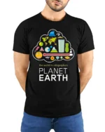 Planet Earth Infographics T-Shirt for Science Lovers - model wearing black shirt, hands behind back