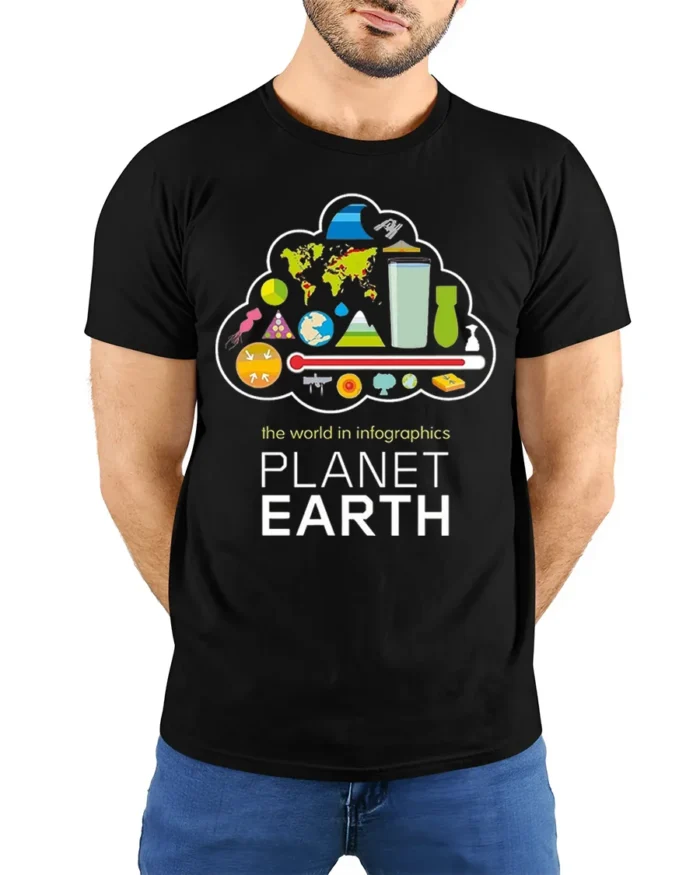 Planet Earth Infographics T-Shirt for Science Lovers - model wearing black shirt, hands behind back