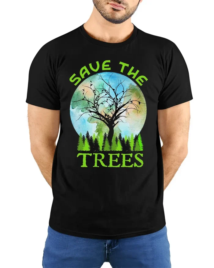 Save The Trees Eco Awareness T-Shirt for Nature Lovers - model wearing black shirt, hands behind back