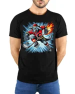 Fire Hockey Wolf T-Shirt Fierce Sports Mascot Tee - model wearing black shirt, hands behind back
