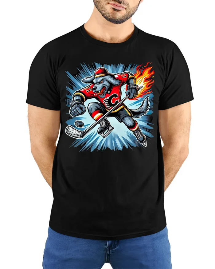 Fire Hockey Wolf T-Shirt Fierce Sports Mascot Tee - model wearing black shirt, hands behind back