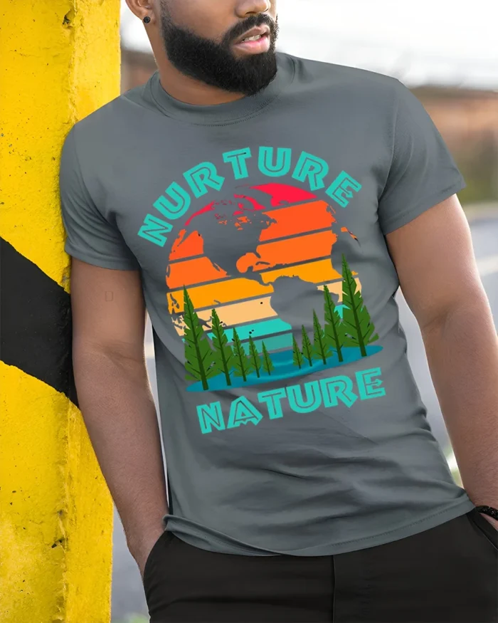 Nurture Nature Eco Graphic T-Shirt for Nature Lovers - model in grey shirt leaning against column