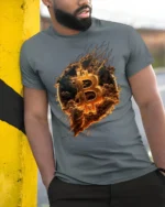 Bitcoin Fire Logo Crypto T-Shirt for Blockchain Lovers - model in grey shirt leaning against column