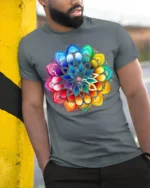 Vibrant Mandala Rainbow Lotus Graphic T-Shirt - model in grey shirt leaning against column