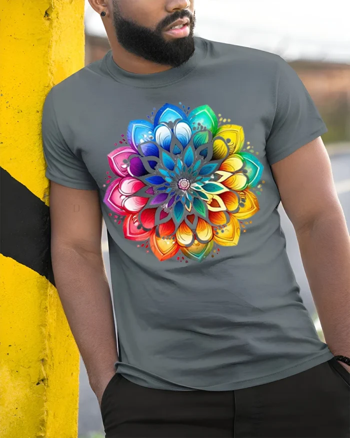 Vibrant Mandala Rainbow Lotus Graphic T-Shirt - model in grey shirt leaning against column