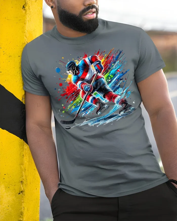 Ice Hockey Splash Art T-Shirt Cool Sports Cotton Tee - model in grey shirt leaning against column