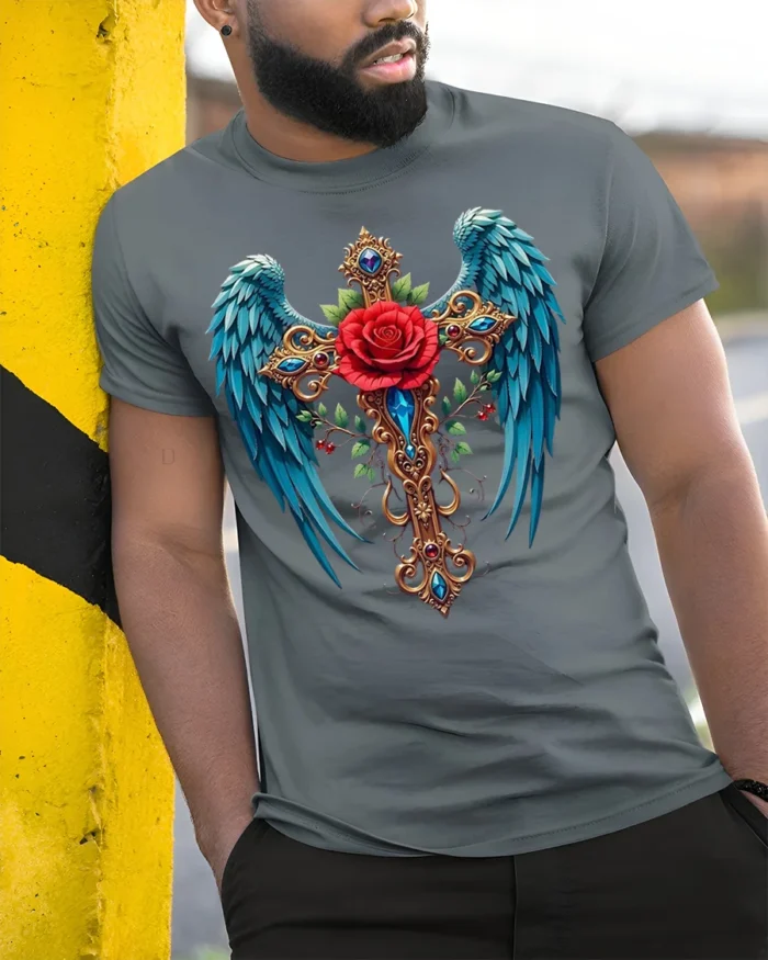Gothic Rose Cross T-Shirt with Wings Spiritual Tee - model in grey shirt leaning against column
