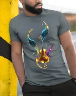 Violin with Colorful Wings T-Shirt Music Lovers - model in grey shirt leaning against column