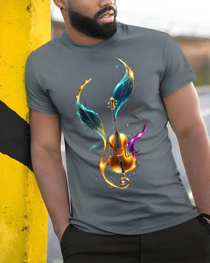 Violin with Colorful Wings T-Shirt Music Lovers - model in grey shirt leaning against column