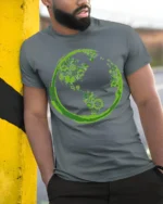 Eco Earth Green Energy Symbols T-Shirt for Nature Lovers - model in grey shirt leaning against column