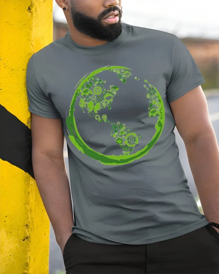 Eco Earth Green Energy Symbols T-Shirt for Nature Lovers - model in grey shirt leaning against column