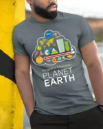 Planet Earth Infographics T-Shirt for Science Lovers - model in grey shirt leaning against column