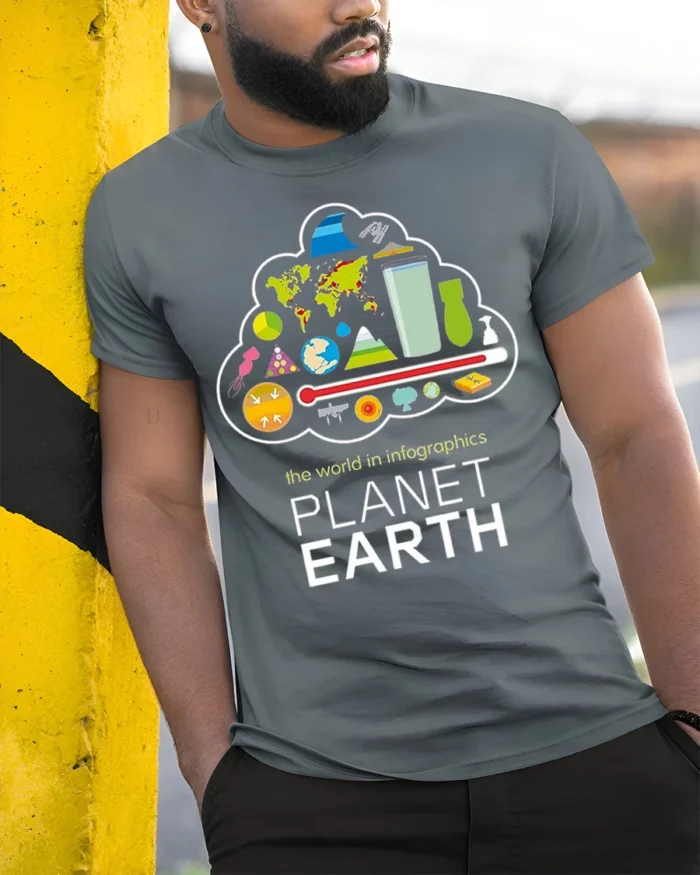 Planet Earth Infographics T-Shirt for Science Lovers - model in grey shirt leaning against column