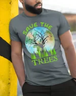 Save The Trees Eco Awareness T-Shirt for Nature Lovers - model in grey shirt leaning against column