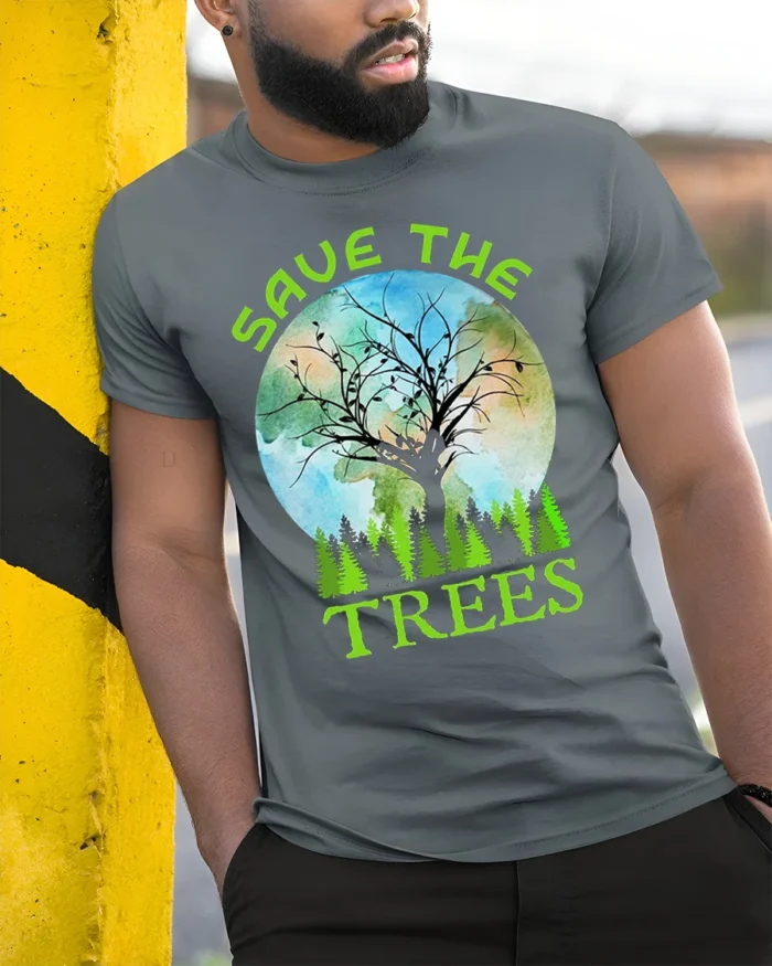 Save The Trees Eco Awareness T-Shirt for Nature Lovers - model in grey shirt leaning against column