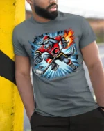 Fire Hockey Wolf T-Shirt Fierce Sports Mascot Tee - model in grey shirt leaning against column
