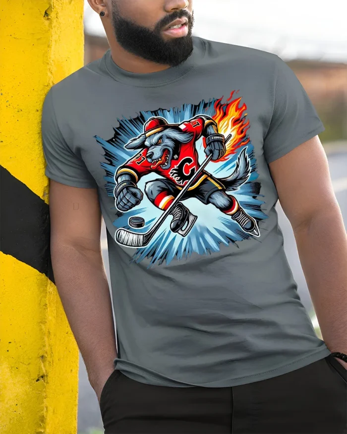 Fire Hockey Wolf T-Shirt Fierce Sports Mascot Tee - model in grey shirt leaning against column