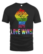 Love Wins Rainbow Pride Fist T-Shirt LGBTQ Equality - black t-shirt on white background