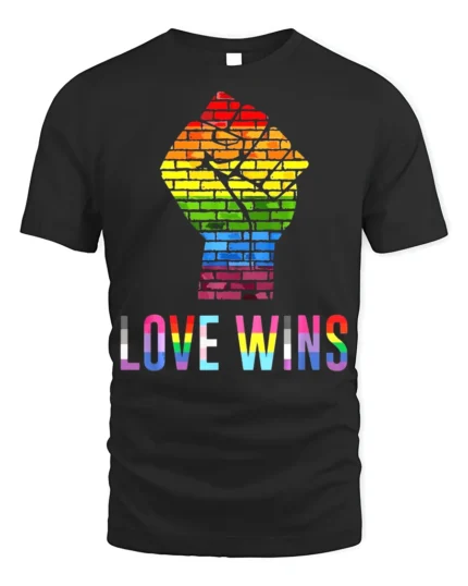 Love Wins Rainbow Pride Fist T-Shirt LGBTQ Equality - black t-shirt on white background