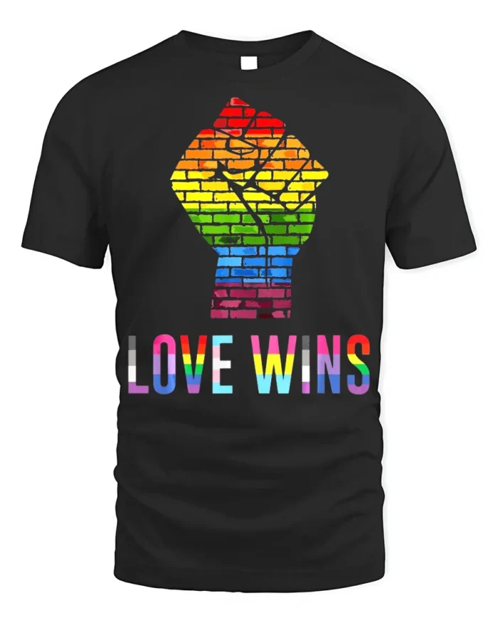 Love Wins Rainbow Pride Fist T-Shirt LGBTQ Equality - black t-shirt on white background