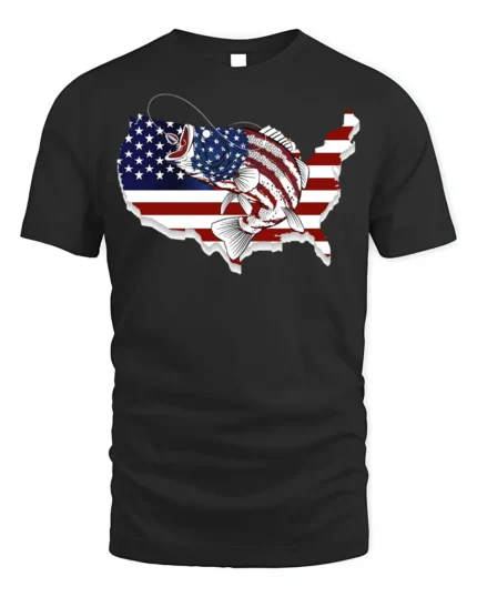 Patriotic USA Fishing T-shirt with American Flag Design - black t-shirt on white background