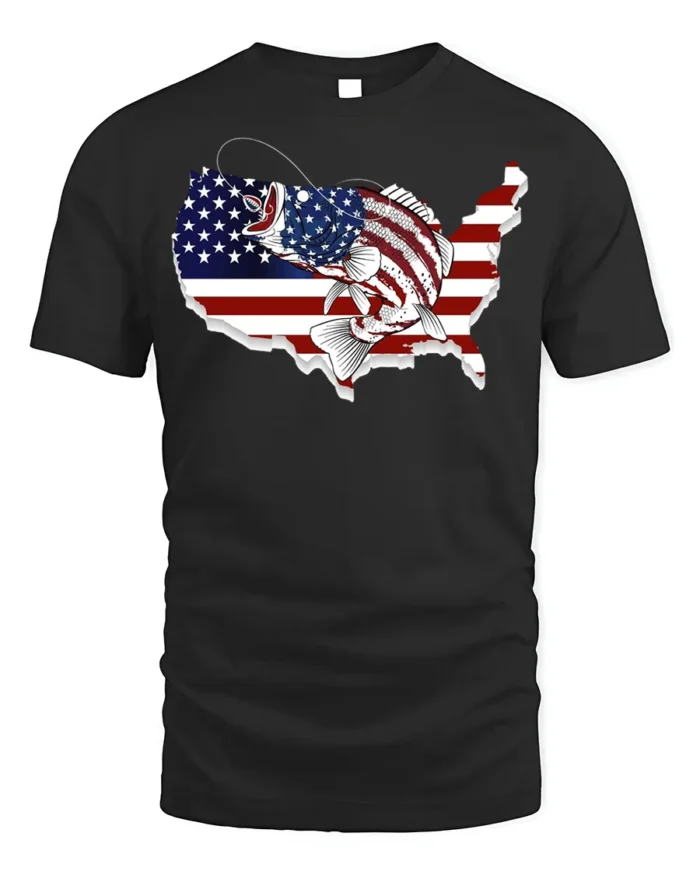 Patriotic USA Fishing T-shirt with American Flag Design - black t-shirt on white background