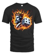 Flaming King Dice T-shirt - Bold Fire Crown Graphic - black t-shirt on white background