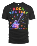 Rock the Test T-shirt Rainbow Guitar Motivational - black t-shirt on white background